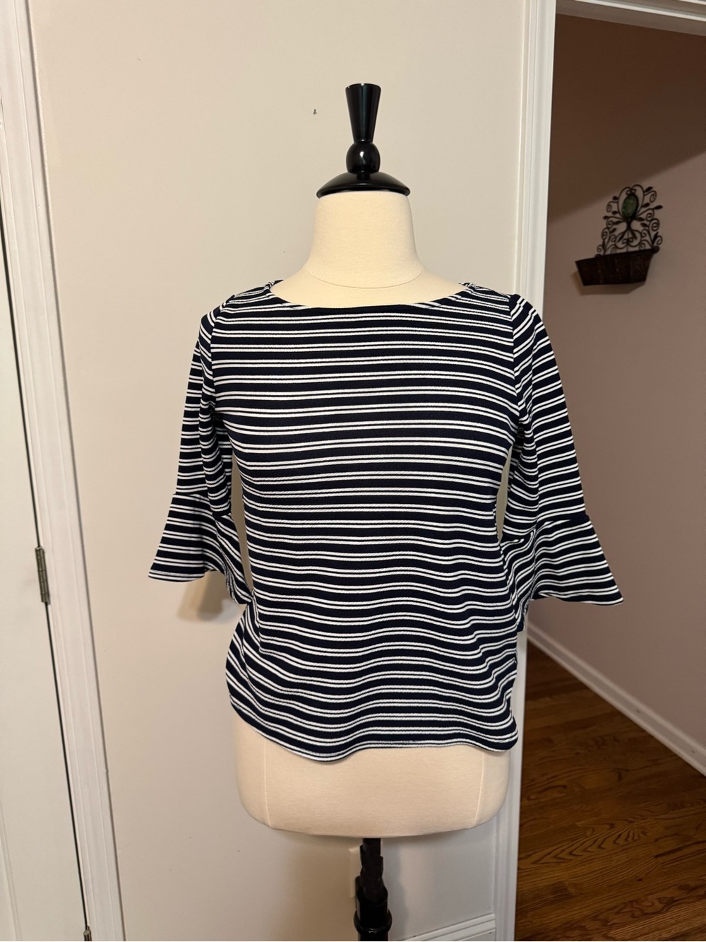 Green Envelope Navy and White Striped Boatneck Top